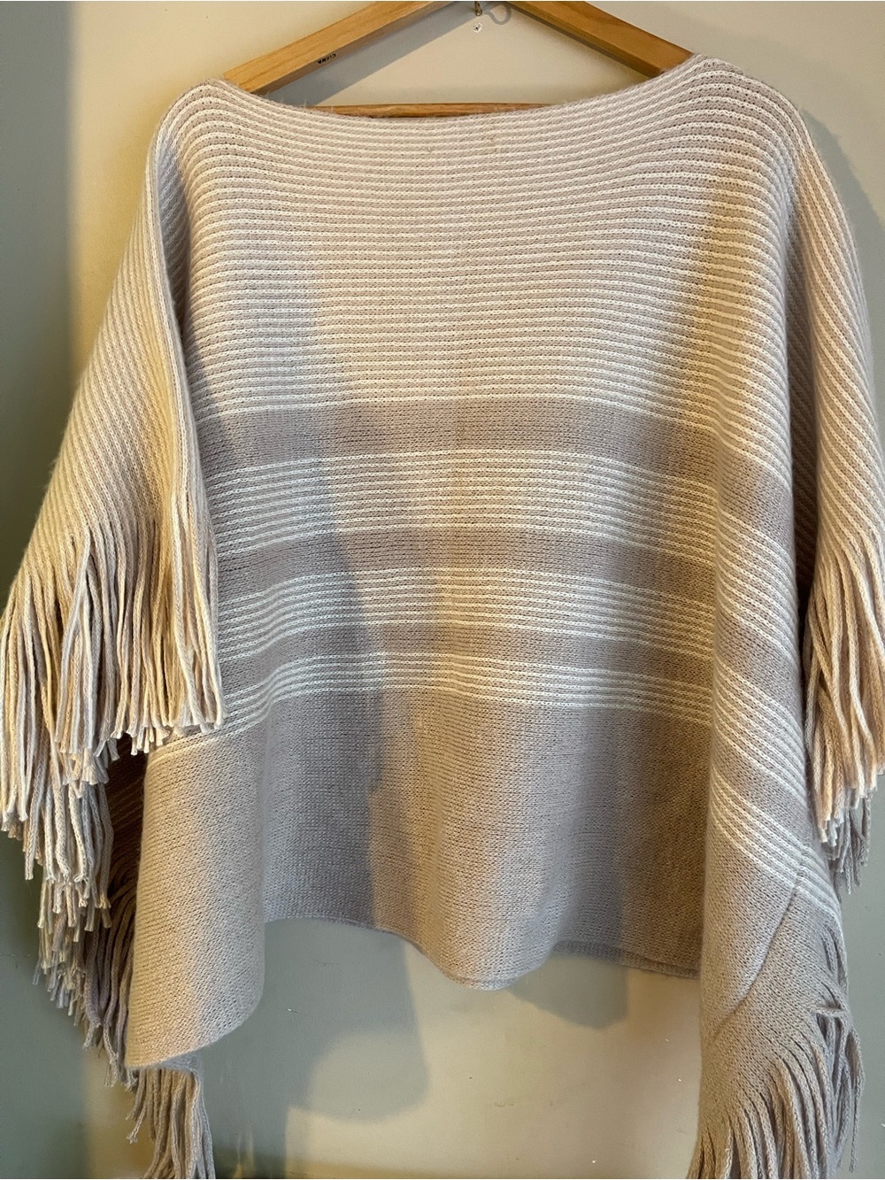 Gentle Fawn Tan White Striped Fringe Knit Poncho Sweater Boho OS GentleFawn